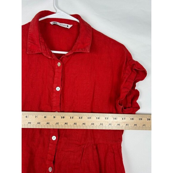 Zara Womens Small Red Tiered Button-Down Dress With Ruffle Sleeves 100% Linen - Picture 5 of 9